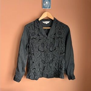 Vintage 100% Linen Black Floral Lace Embroidered Blouse